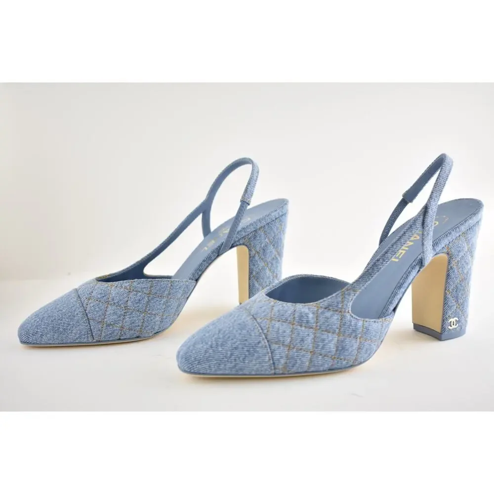 Chanel 26B Light Blue Denim Quilted Coco Sling Slingback Block Heel Pump 39.5c